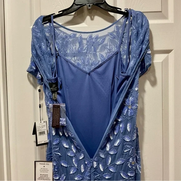 Beautiful Adrianna Papell Blue Dress with Floral Beaded & Sequins Embroidery - Picture 13 of 15